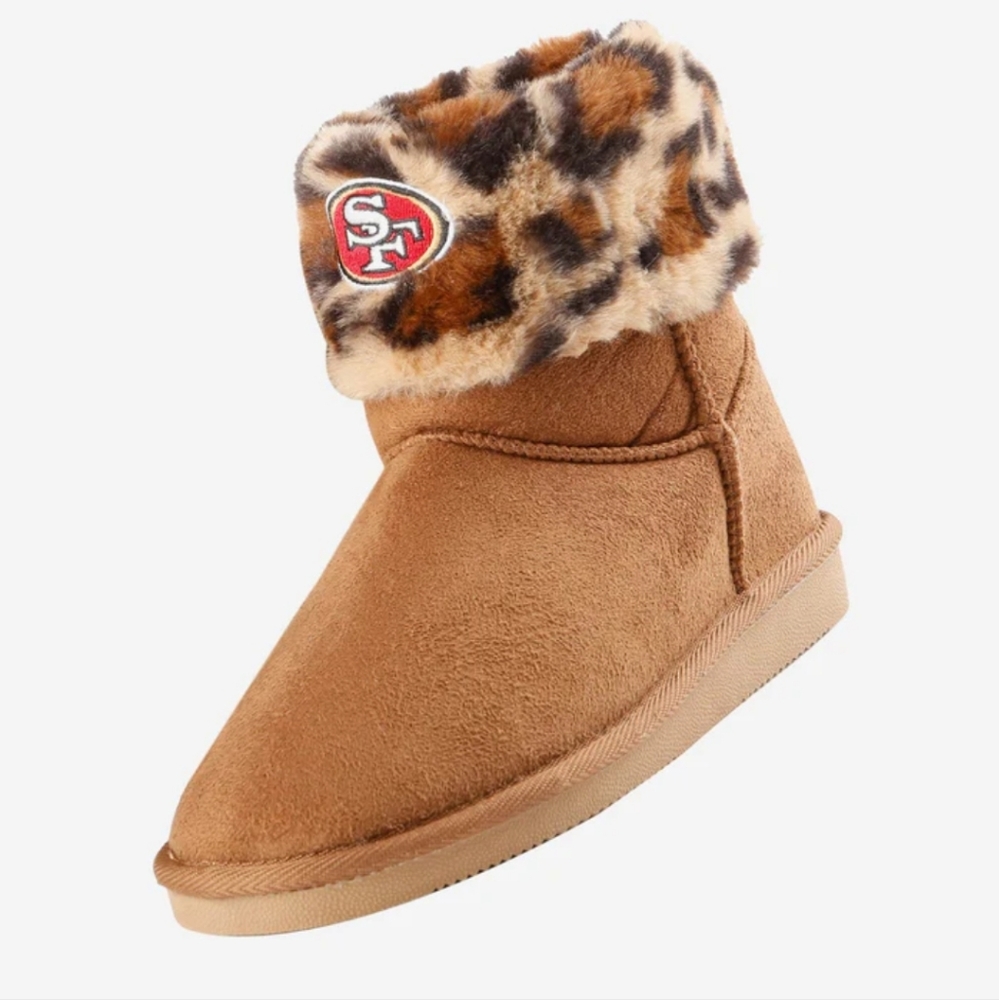 NWT NFL San Francisco 49ers Cheetah Faux Fur Boot Slipper, Size Large (9-10)